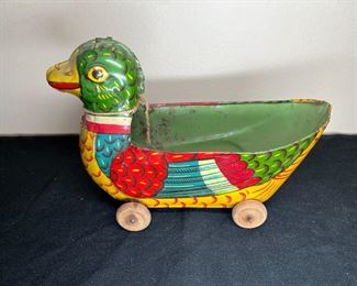 VTG Tin Duck Pull Toy & Baby Buggy