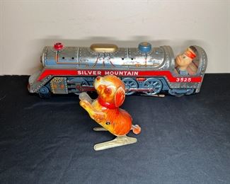 Vtg Tin Train & Tin Jumping Dog