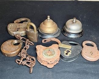 2 VTG Bells & 6 Vintage & Antique Locks