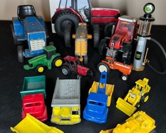 13 Vintage Diecast & Plastic Tractors, Book & Pump