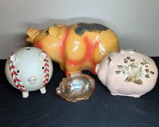 4 Vintage Chalk, Ceramic & Glass Piggy Banks