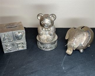 3 Silver Metal Animal & Block Banks
