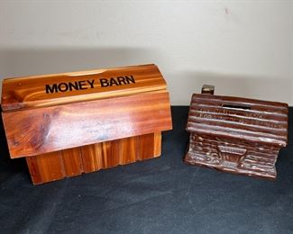 Log Cabin and Barn Wood and Ceramic Coin Banks