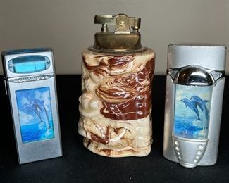 3 Vintage Collectible Dolphin & Tiki Lighters