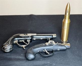 2 Vtg Pistol Lighters & Machine Gun Shell Lighters