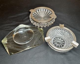 3 Vintage Glass, Crystal & Silverplate Ashtrays