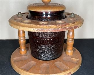 Vtg Dun-Rite Amber Glass Humidor & Wood Pipe Stand