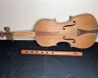 Vtg Stradivarius Violin & Wooden Recorder