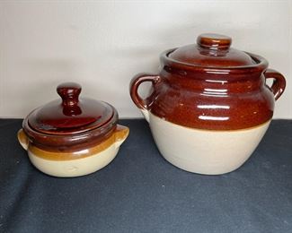 Vtg Stoneware Soup Bowl & Bean Pot