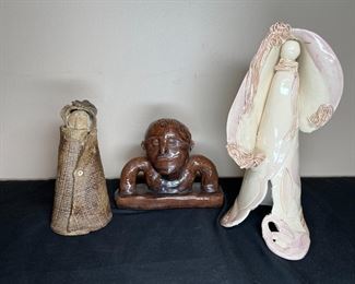 2 Pottery Hooded Ladies & Folk-art Man Sculptures