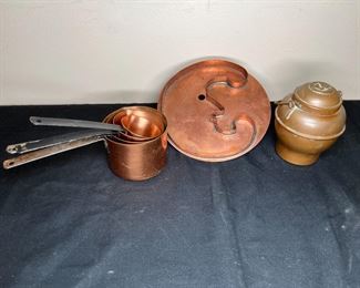 Copper Measuring Cups, Cookie Cutter, Covered Jar