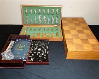 2 Vintage Chess Sets and Wooden Puzzle Book