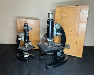 2 Vintage Microscopes In Original Wooden Boxes