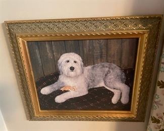 Vintage art print Old English Sheepdog with kitten.