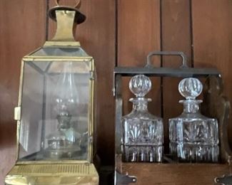 Pair of antique brass copper lanterns - and decanter set.