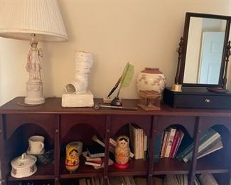 Bookshelves and assorted items.