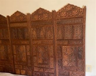 Vintage four-panel teak folding Moroccan screen.