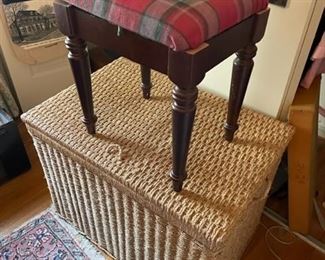 Wicker basket and stool.