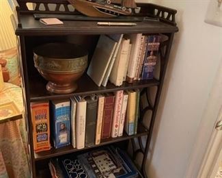 Bookshelves and books.