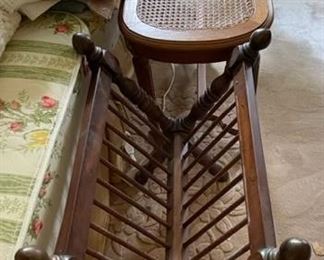 Wooden magazine holder and small table.