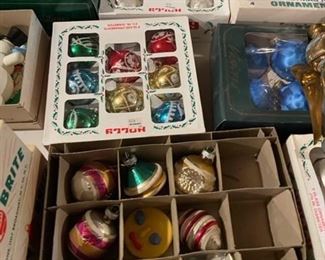 Large selection of vintage Christmas items, including Shiny Brites.