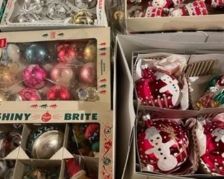 Large selection of vintage Christmas items, including Shiny Brites.