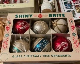 Large selection of vintage Christmas items, including Shiny Brites.