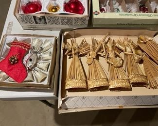 Large selection of vintage Christmas items, including Shiny Brites.