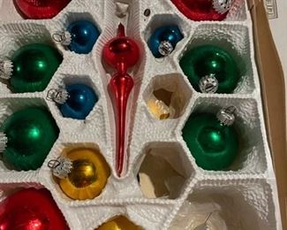 Large selection of vintage Christmas items, including Shiny Brites.