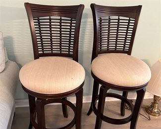 Pair of Bar Height Dark Wood Stools with Swivel Seats
