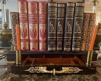 Extremely rare French combo bookends, dual inkwell, divided writing drawer with candle sticks. Early 1700’s