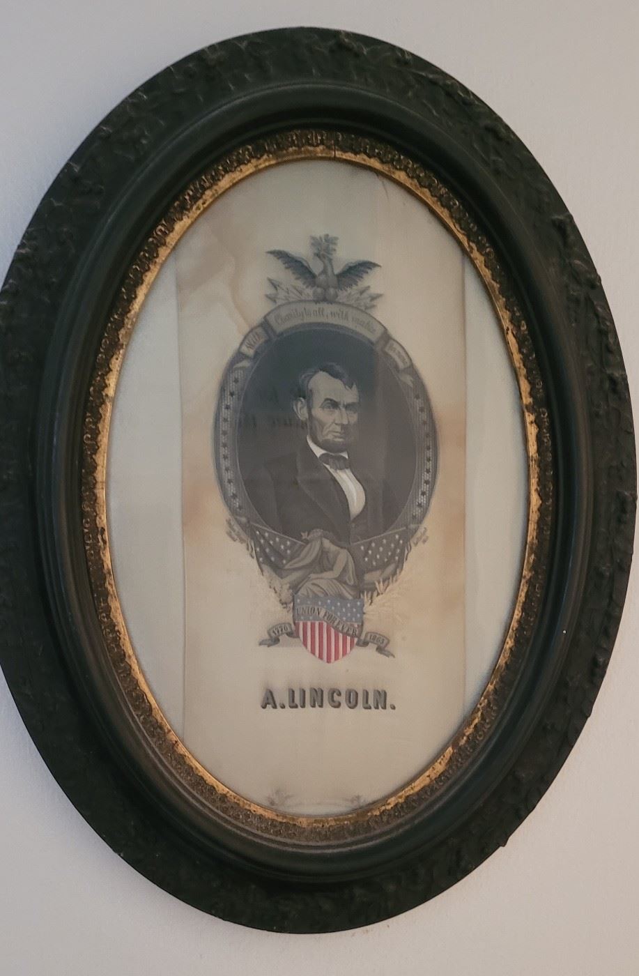 Embroidered on silk large Abraham Lincoln mourning ribbon