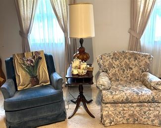 Vintage two light amber glass lamp, nice upholstered chairs