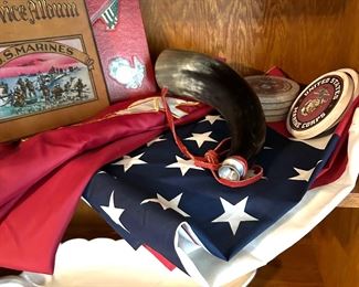 US flag, powder horn 