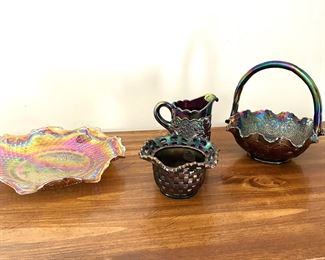 Blue carnival glass basket , pitcher, sugar, gold carnival glass plate 