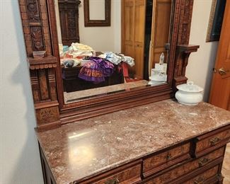 This is one absolutely fabulous Antique Victorian Eastlake Marble Top Beauty! With Matching Double Headboard...sold as a set or separately. 
