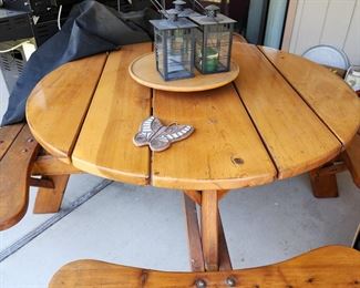 Round Wood Table with Attached Benches