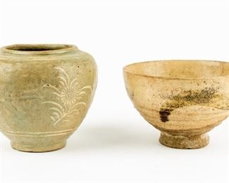Lot 91 - Antique Korea Celadon Pottery Wine Bowl & Vase