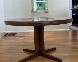 Danish Rose Wood Round Coffee Table with Tile Inlay