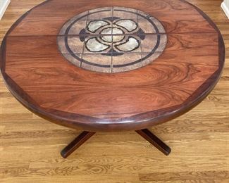 Danish Rose Wood Round Coffee Table with Tile Inlay