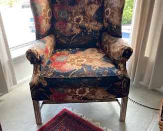 Navy Blue with Floral Design Wing Back Arm Chair