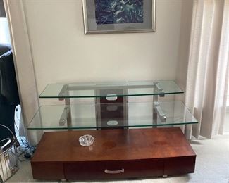 Persian Area Rug, Mahogany and Glass Shelves Entertainment Center