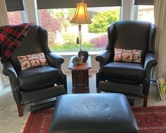2 Black Leather Reclining Arm Chairs, Black Leather Ottoman