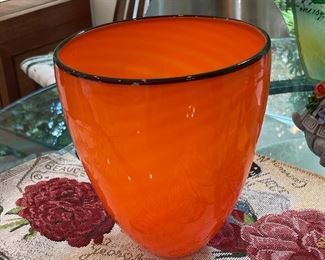 Blown Glass Orange and Black Rimmed Vase