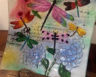 Hand-Painted Square Glass Dragonfly and Flowers Bird Bath with Stand