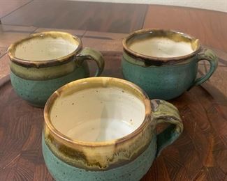 Set of 3 Turquoise and Tan Pottery Mugs