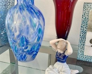 Royal Copenhagen Girl Dressing Her Hair Figurine, Blown Glass Blue and Clear Vase, Red Blown Glass Vase