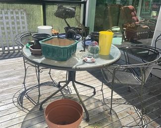 Wrought Iron Outdoor Patio Table with Glass Top and Two Patio Chairs, Outdoor Decor and Planters