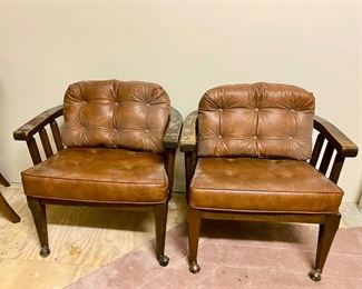 2 Brown Leather and Wood Rolling Arm Chairs