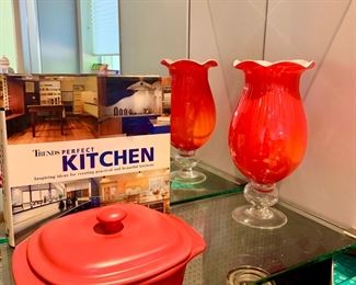 Red Covered Casserole Baking Dish, Blown Glass Red and White Vase